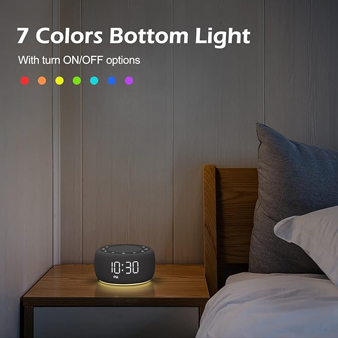Buffbee Sound Machine & Alarm Clock 2-in-1, 0-100% Clock Face Brightness, Bottom Colored Light, Sleep Timer, Precise 30-Level Volume Control White Noise Machine-CubbioJoy