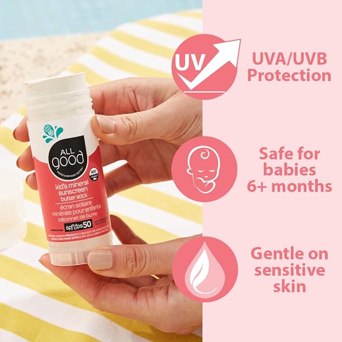 All Good Baby & Kids Mineral Sunscreen Butter Stick for Face, Nose, Ears - UVA/UVB Broad Spectrum SPF 50, Coral Reef Friendly, Water Resistant, Zinc Oxide, Coconut Oil, Vitamin E (2.75 oz)(3-Pack)-CubbioJoy