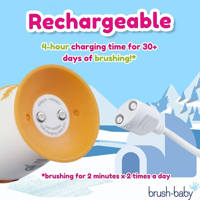 brush-baby WildOnes Kids Electric Rechargeable Toothbrush Penguin, 1 Handle, 3 Brush Heads, USB Charging Cable, for Ages 0-10 (Penguin)-CubbioJoy