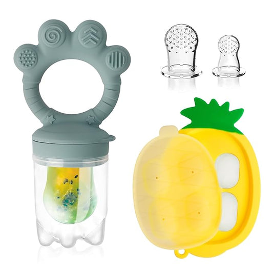 Baby Fruit Food Feeder - Silicone Nibble Tray Combo - Breastmilk Popsicle Mold for Cooling Relief, BPA Free Mesh Feeder for Infant Self Feeding (Claw Blue + Pineapple)-CubbioJoy