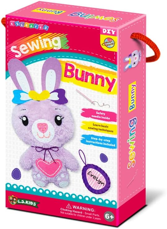 C.S. Kids Magic World DIY Personalised Sewing Kit - Bunny |Frist Sewing Arts & Crafts Gifts | Educational Sewing Kit for Kids | Sew Your Own (Safety Needle & Instruction Included)-CubbioJoy