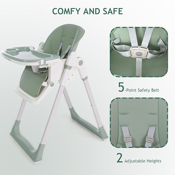 3 in 1 Baby High Chair with Wheels, Adjustable 5 Point Harness, Tray, Foot Rest, Backrest and Seat Height, Foldable High Chair for Toddlers, Green-CubbioJoy