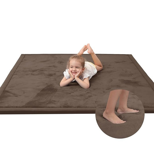 Baby Play Mat for Floor,1.3" Thick Memory foam Tummy Time Mat,79"×158“Extra Large Soft Velvet Nursery Rug,Non Slip Safe for Crawling,Toddlers,Infants,kids,Tatami Style for Living Room(Dark Brown)-CubbioJoy