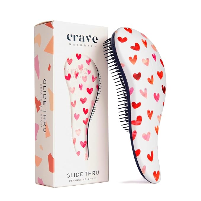 Crave Naturals Glide Thru Hair Brush - Detangler Brush for Curly, Straight, Wet or Dry Hair - Gentle Detangling Brusheses for Adults, Kids, Toddlers - Hair Accessories for Women, 7.5"x3" - Pink Hearts-CubbioJoy