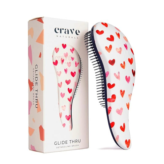 Crave Naturals Glide Thru Hair Brush - Detangler Brush for Curly, Straight, Wet or Dry Hair - Gentle Detangling Brusheses for Adults, Kids, Toddlers - Hair Accessories for Women, 7.5"x3" - Pink Hearts-CubbioJoy