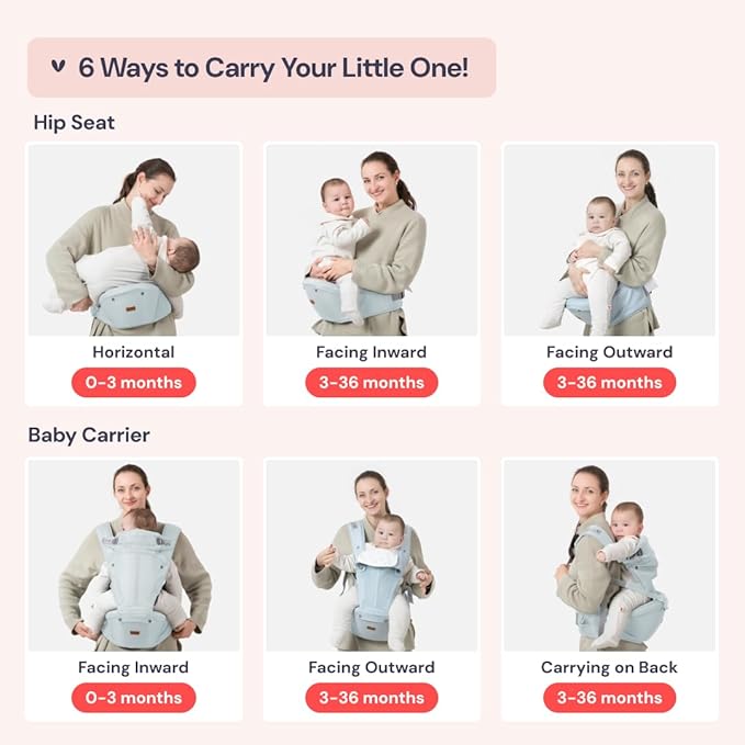 BabbleRoo Grow Carrier – Safety-Certified 6-in-1 Baby Carrier with Hip Seat, Ergonomic & Adjustable Toddler Carrier 7-50 lbs with Hip Support, Hood for Sun Protection, Newborn to Toddler, Seafoam-CubbioJoy