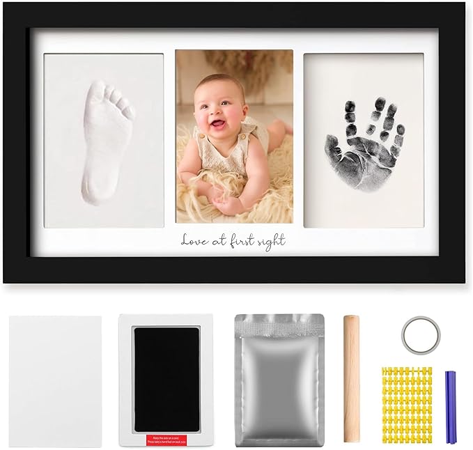 Baby Hand and Footprint Kit Keepsake Nursery Decor Picture Frame for New Mom Baby Boys Girls Shower Gifts Personalized Inkless & Clay Handprint Newborn Essentials Must Haves (Black)-CubbioJoy