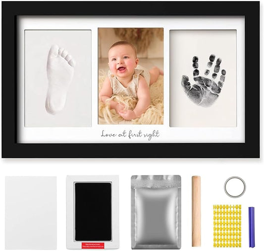 Baby Hand and Footprint Kit Keepsake Nursery Decor Picture Frame for New Mom Baby Boys Girls Shower Gifts Personalized Inkless & Clay Handprint Newborn Essentials Must Haves (Black)-CubbioJoy