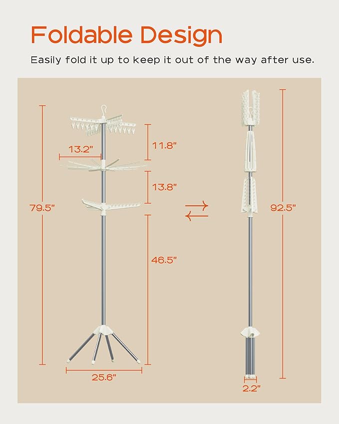 Clothes Drying Rack Foldable, 79.5 inch 3 Tier Laundry Drying Rack with Rotating Clothes Rail for 27 Pieces of Clothes and 24 Clips for Hanging Socks,Space Saving, White and Silver CDR003W01-CubbioJoy