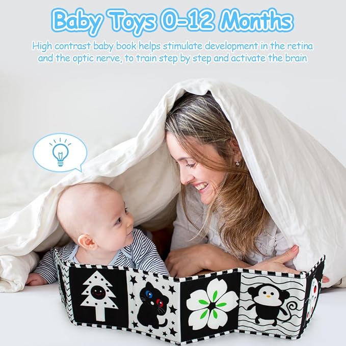 Cawgug Black and White High Contrast Baby Toys for Newborn Brain Development Tummy Time Soft Book Babies 0-3 6-12 Months Montessori Learning Activities Infant and Sensory Visual Stimulation Toys-CubbioJoy