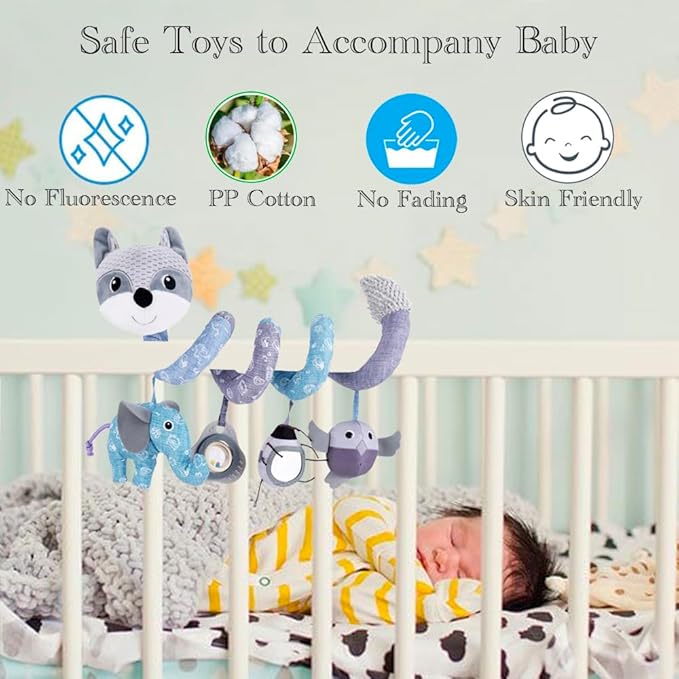 Car Seat Toys, Baby Plush Spiral Hanging Toys for Stroller Crib Bar Bassinet Car Seat Mobile with Musical Owl BB Squeaker Elephant- Gray Fox-CubbioJoy