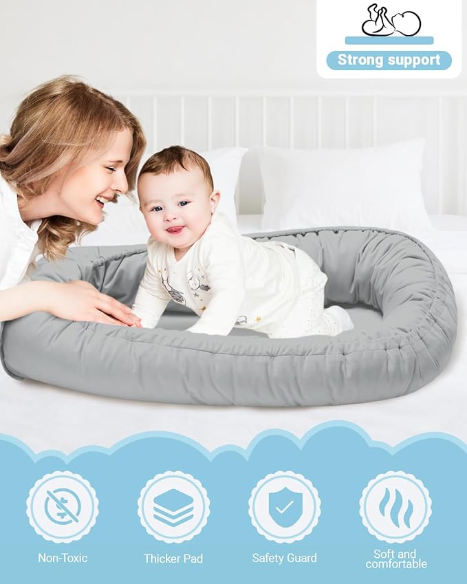 Baby Lounger for Newborn 0-24 Months, Breathable & Soft Infant Lounger, Adjustable Tummy Time Lounger for Home and Travel, Baby Girls & Boys Newborn Babies Essentials Stuff, Grey-CubbioJoy