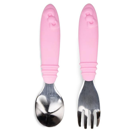 Bumkins Toddler Utensils, Kids Size Fork and Spoon Set, Silicone and Stainless-Steel Training Silverware, Angled Fork / Spork for Self-Feeding, Children Learning to Eat, 18 Mos Up, Hello Kitty Pink-CubbioJoy