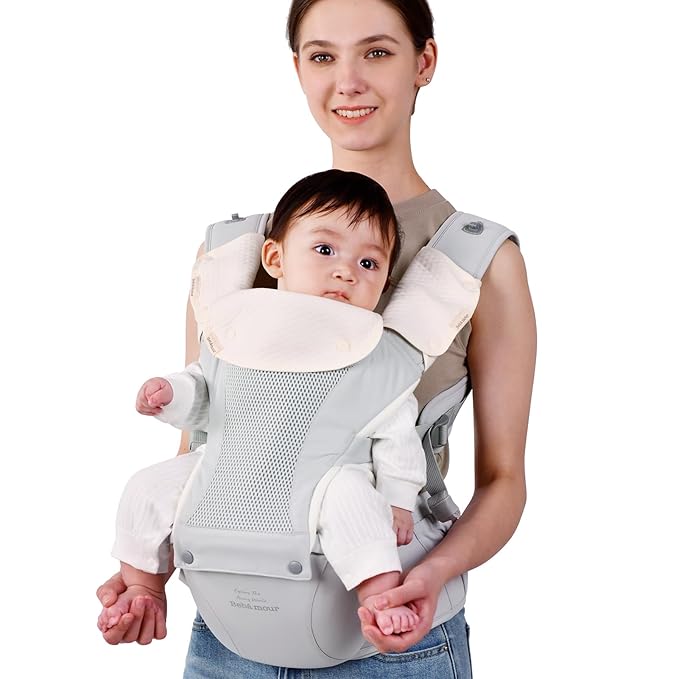 Bebamour Baby Carrier with Hip Seat,All-Position Breathable Mesh Hip Seat & Carrier 0-36Months with Head Hood, 3 PCS Teething Pads, Waist Extender,Storage Bag & Pacifier Case (Grey)-CubbioJoy