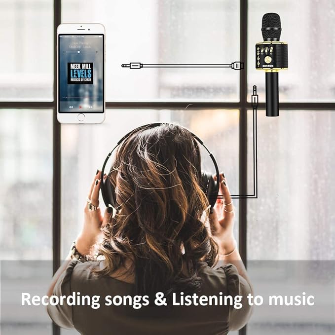 BONAOK Wireless Bluetooth Karaoke Microphone, 3-in-1 Portable Handheld Mic Speaker Machine for All Smartphones, Gifts to Girls Boys Kids Adults All Age Q37(Black Gold)-CubbioJoy