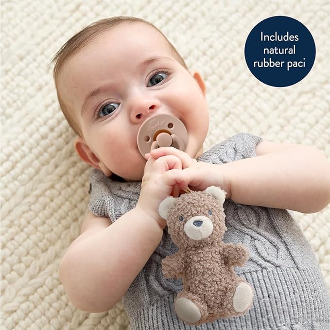 Itzy Ritzy Pacifier & Lovey Set - Natural Rubber Paci with Stuffed Animal Lovey - Detachable Plush Bear Pacifier Holder & Coordinating Natural Rubber Soother, Ideal for Ages 0-6 Months (Bear)-CubbioJoy