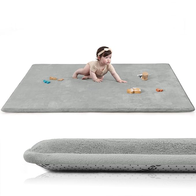 Baby Play Mat for Floor,1.3" Thick Elasti-Foam 50"×74" Playpen Mat for Tummy Time,Water Repellent Soft Coral Velvet for Toddler,Infant,Kids,Non-Slip Backing Safe for Crawling(Light Grey)-CubbioJoy