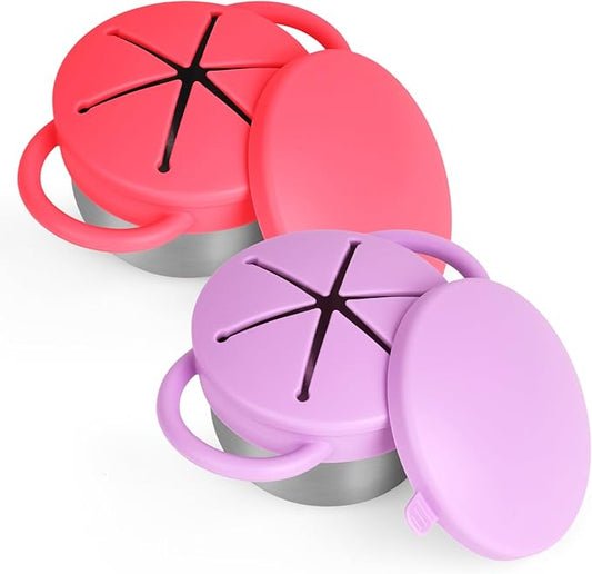 2 Pack Snack Cups for Toddlers Spill Proof - Detachable Stainless Steel Toddler Snack Cups with Silicone Lids & Handles - Dishwasher Safe Baby Snack Containers for Mess-Free Snacking (Red and Purple)-CubbioJoy