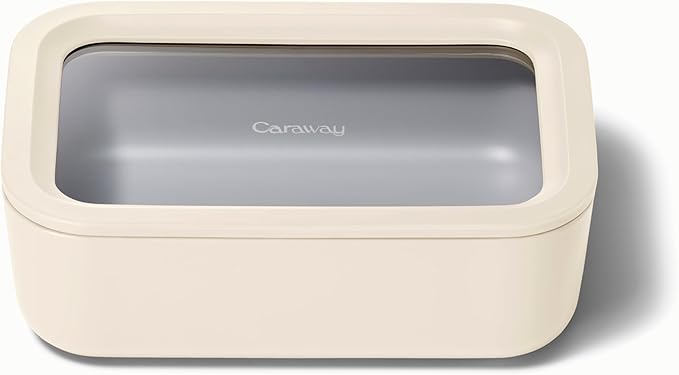 Caraway Glass Food Storage, 6.6 Cup Glass Container,Ceramic Coated Food Container,Easy to Store, Non Toxic, Non Stick Lunch Box Container with Glass Lids. Dishwasher, Oven,Square Shape,Cream-CubbioJoy