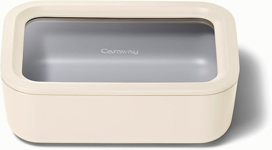 Caraway Glass Food Storage, 6.6 Cup Glass Container,Ceramic Coated Food Container,Easy to Store, Non Toxic, Non Stick Lunch Box Container with Glass Lids. Dishwasher, Oven,Square Shape,Cream-CubbioJoy