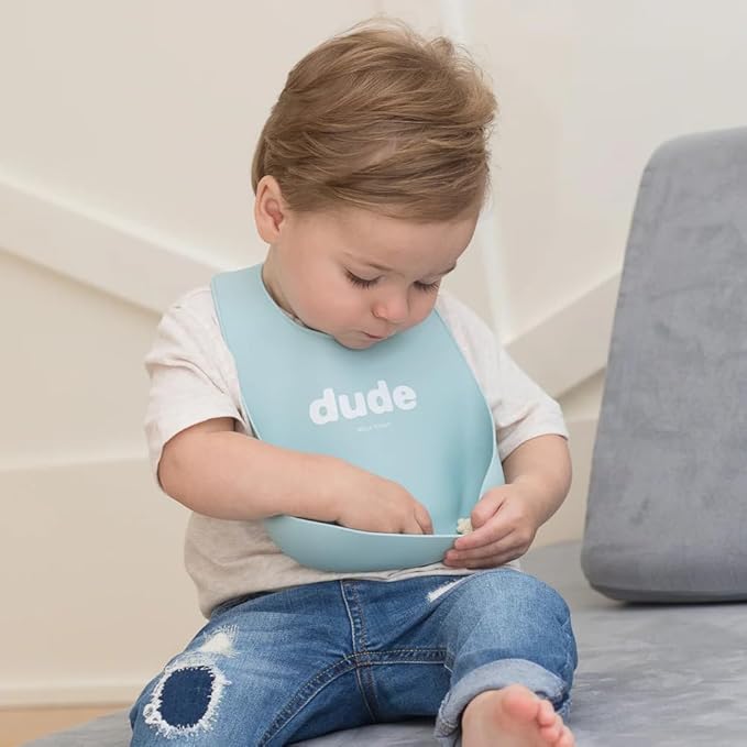 Baby Bib for Eating by Bella Tunno, Set of 2 Waterproof Silicone Bibs with Large Food Catcher, Adjustable Fit for Babies 4-12 months & Toddlers 1-3 Years, Boys & Girls, Dude & Mr Nice Guy-CubbioJoy