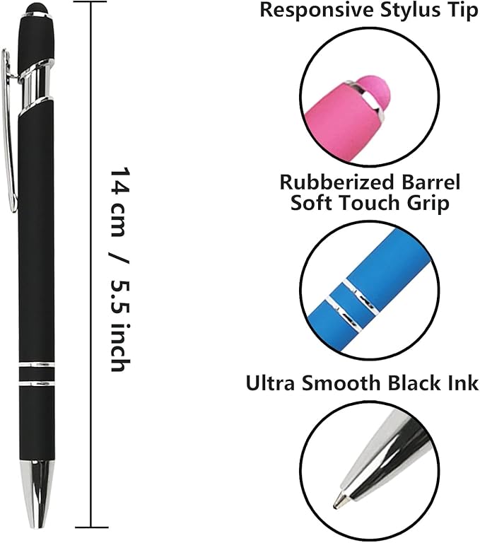 Ballpoint Pen with Stylus Tip, Soft Touch Click Metal Pen, 1.0mm Medium Point, Black Ink, 12 Count(Black)-CubbioJoy