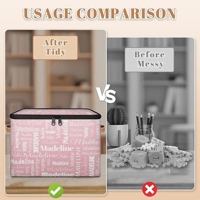Custom Storage Basket with Name, Personalized Storage Bins with Zipper Lid, Foldable Fabric Storage Box Large capacity with Handle Pink-CubbioJoy
