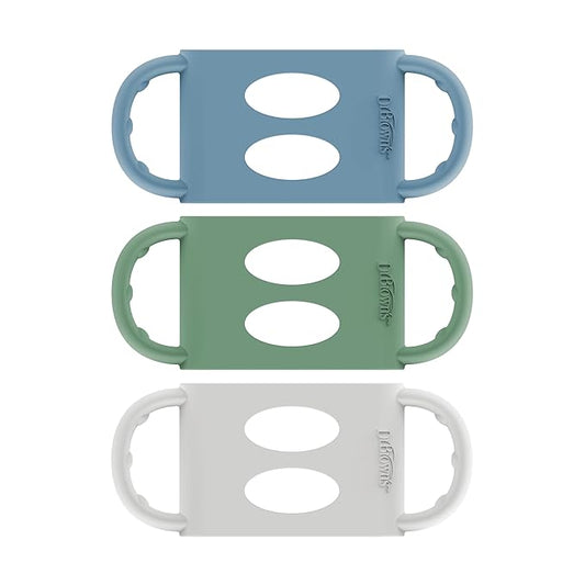 Dr. Brown's Wide-Neck Baby Bottle Handles, 100% Silicone, Easy Grip Removable Handles for Bottle to Sippy Cup Transition, Blue/Gray/Green, 3-Pack, 4m+-CubbioJoy