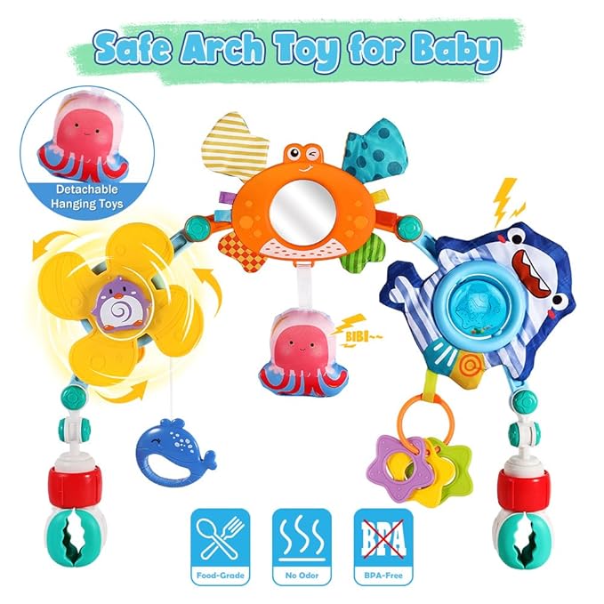 Baby Stroller Car Seat Toys,Adjustable Crib Mobile Activity Arch Toys with Sound Toy and Baby Hanging Toys,Sensory Play Travel Bouncer Bassinet Toy for Toddler Boy Girl 0 3 6 9 12 24 Month-CubbioJoy