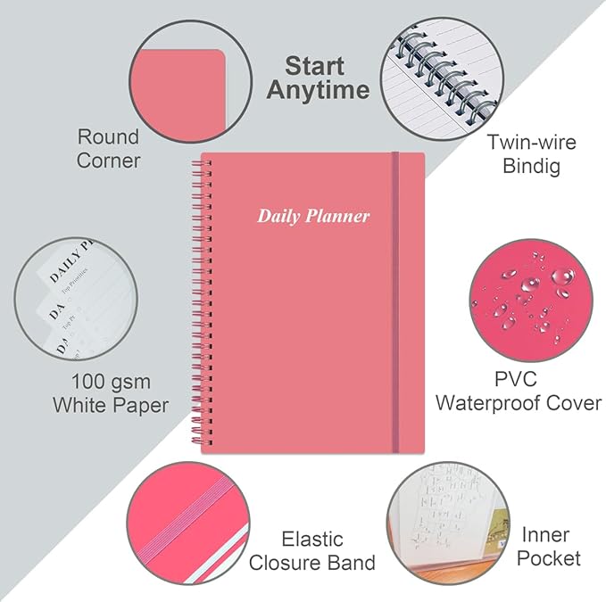Daily Planner Undated - B5 To Do List Notebook Hourly Schedules, Spiral Appointment Planner for Women and Men, PVC Hardcover, Inner Pocket, Elastic Closure, 7" x 10", Pink-CubbioJoy