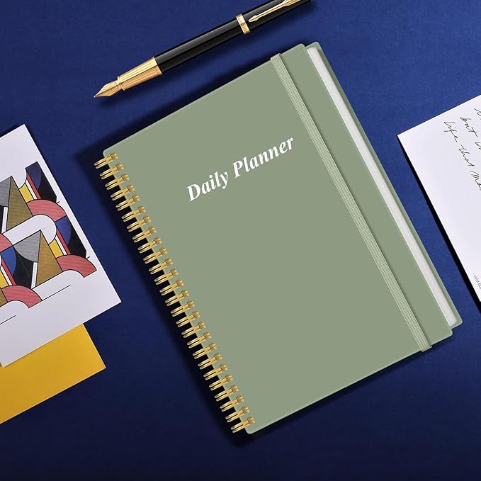 Daily Planner Undated - B5 To Do List Notebook Hourly Schedules, Spiral Appointment Planner for Women and Men, PVC Hardcover, Inner Pocket, Elastic Closure, 7" x 10", Green-CubbioJoy