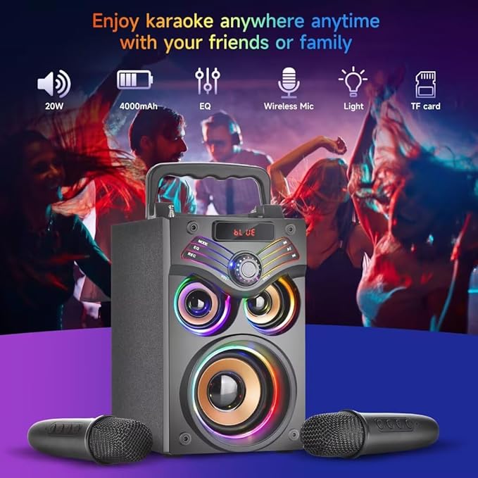 Karaoke Machine,Portable Bluetooth Karaoke Speaker with 2 Wireless Microphone for Adults Kids,with 20W(Peak) Speaker,Handle &RGB Lights,Supports TF Card/USB/Aux in/TWS,for Home,Party-CubbioJoy