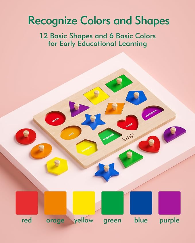 Boby Shape Color Puzzle for Toddlers 1-3, Montessori Learning Toys for 1 + Year Old Girl, Jumbo Knob Wooden Pegged Chunky Shapes Puzzles for Kids Ages 3, Baby Educational Toys 12-18-24 Months Boys-CubbioJoy