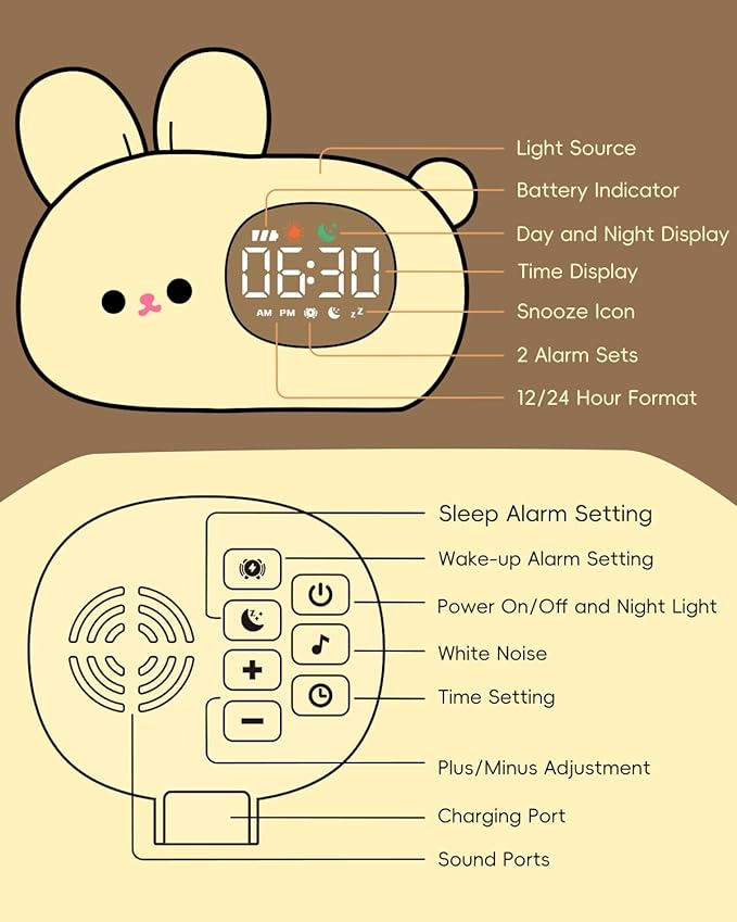 Bunny Alarm Clock for Kids with Night Light, Sleep Training Clock Time to Wake Clock, Rechargeable Silicone Light for Bedroom, Perfect Sleep Companion for Boys Girls-CubbioJoy