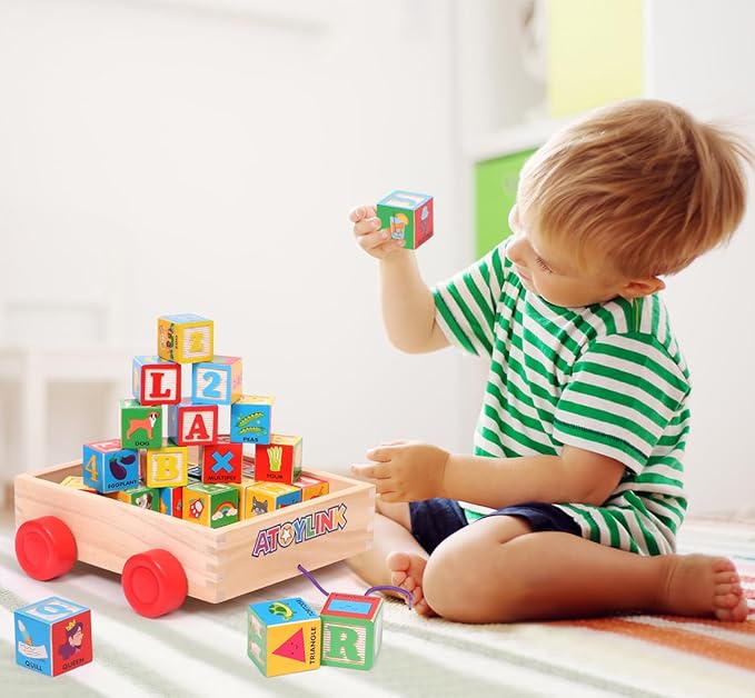Atoylink ABC Wooden Building Blocks for Toddlers 1-3, 30 Pcs Alphabet & Number Stacking Toys with Storage Pull Toy Car Learning & Education Montessori Toys for 1 2 3 Year Old Baby Boy Girl Gifts-CubbioJoy