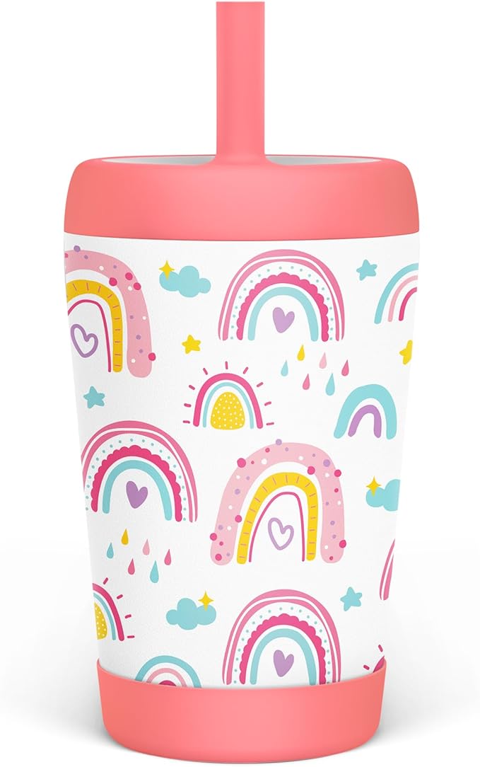 Kid Insulated Stainless Steel Tumbler with Silicone Straw, 12oz Sippy Cup for Kids (Sweet Rainbows)-CubbioJoy