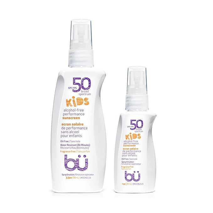 BU SPF 50 Fragrance Free Kids Sunscreen Spray for Face and Body, TSA Travel Size Sunscreen, Clear Non Aeorsol Spray, Non Greasy, Water Resistant and Oil Free, 3.3 oz and 1 oz (2-Piece Bundle)-CubbioJoy