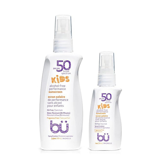 BU SPF 50 Fragrance Free Kids Sunscreen Spray for Face and Body, TSA Travel Size Sunscreen, Clear Non Aeorsol Spray, Non Greasy, Water Resistant and Oil Free, 3.3 oz and 1 oz (2-Piece Bundle)-CubbioJoy