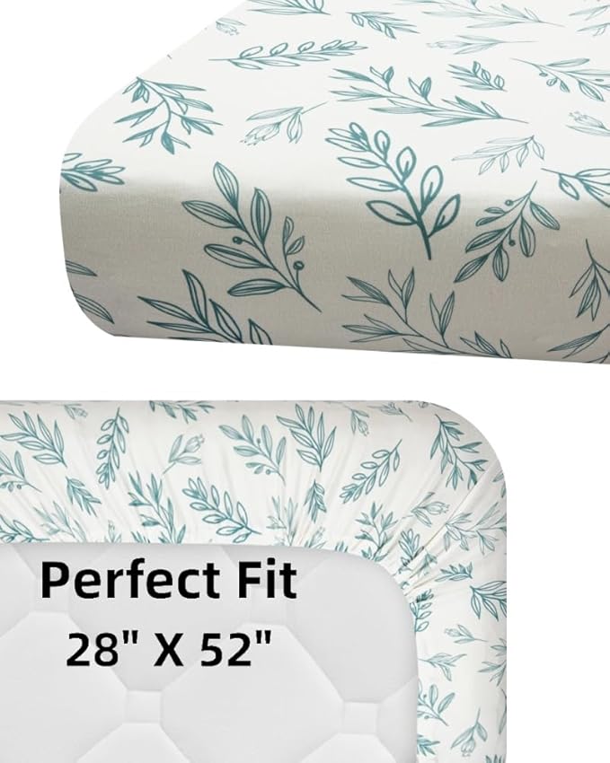 4 Pack Sage Green Fitted Nursery Sheets Breathable Neutral Unisex Baby Sheets for Boys or Girls with Leaf and Flower Design Standard Crib Sheet (Green, Crib Sheet)-CubbioJoy