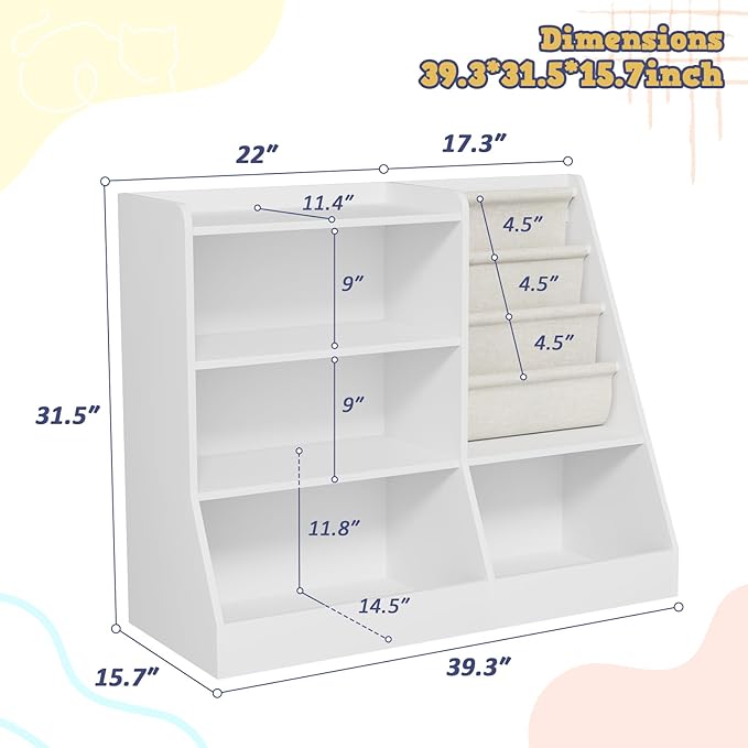 39" Large Kids Wooden Bookshelf and Toy Storage Organizer, Baby Bookcase with Sling Book Rack, Children Toddler Wooden Book Shelf for Kids Rooms, Playroom, Classroom, Nursery, School (White)-CubbioJoy