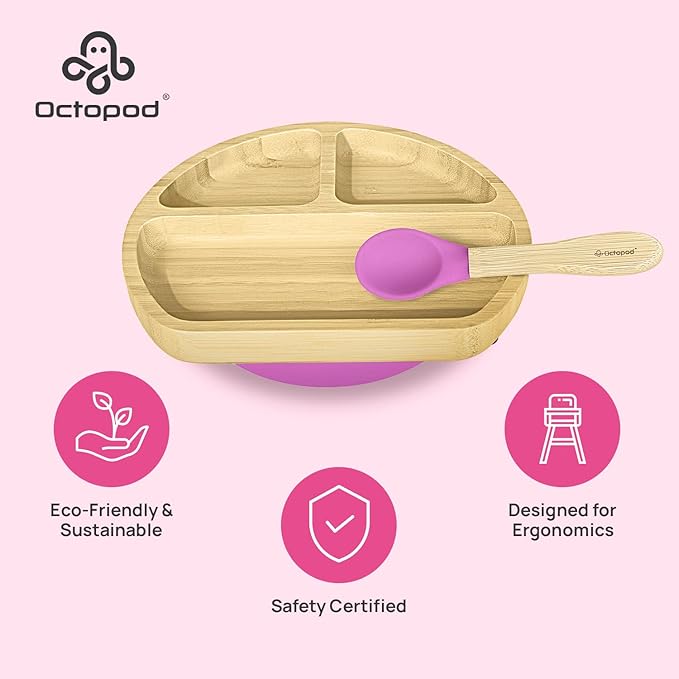 Abiie Octopod Bamboo Dish - Kids Plates for 4 months and up, 3-Compartment Baby Plates with Suction, Triangle Bamboo Baby Plate, Mess-Free Toddler Suction Plates, Baby Feeding Supplies, 8.3x1.9x7.7 in-CubbioJoy