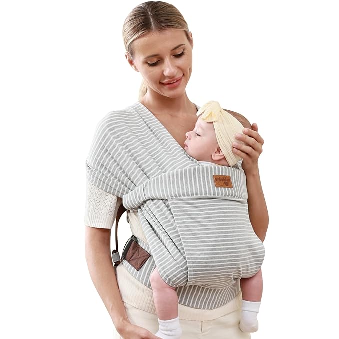 Baby Wraps Carrier Newborn to Toddler, Kangaroo Baby Easy Wearing Wrap, Adjustable Soft Baby Holder Front Chest Sling Carriers Perfect Infant Essentials Gifts (Striped Grey, Cotton)-CubbioJoy