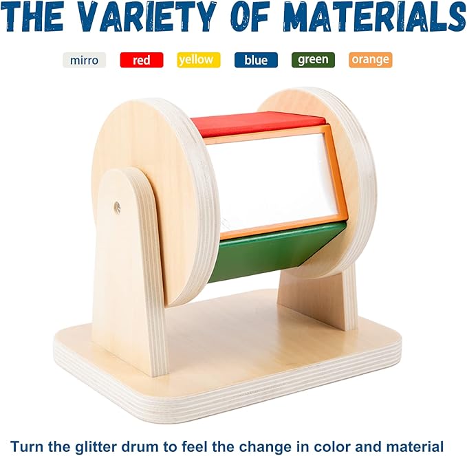 Adena Montessori Spinning Drum Baby Toys,Montessori Toys for Babies 6-12 Months Toddlers,Wooden Spinning Rainbow with Multiple Materials Baby Christmas Toys for Boy and Girls Gift(Medium-size Texture)-CubbioJoy