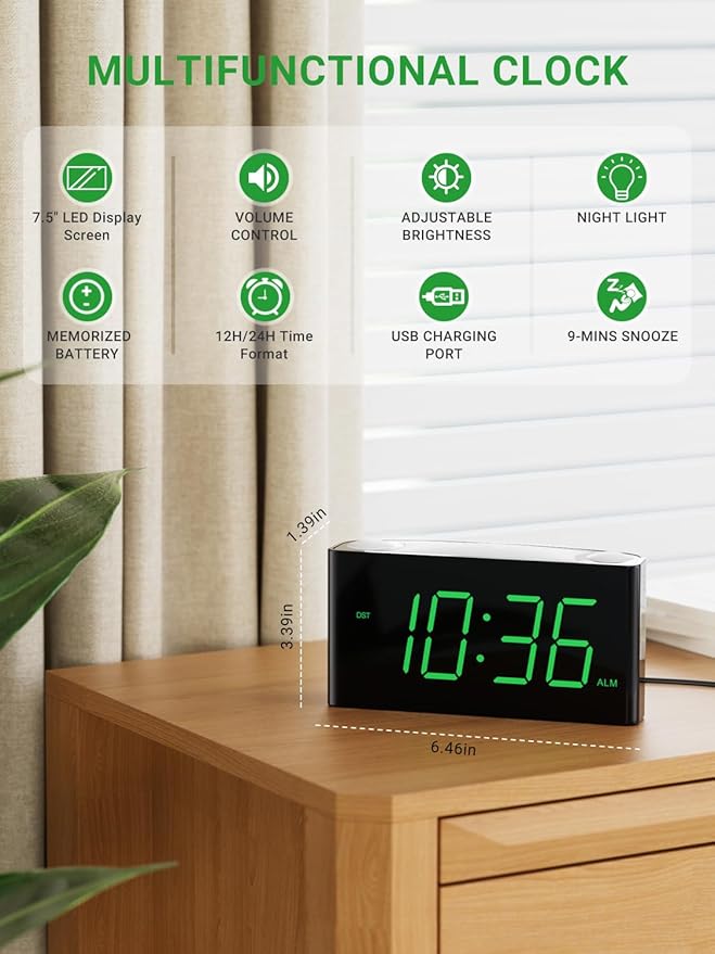 Alarm Clock for Bedroom, 7.5" Large Display LED Digital Clock with 7 Color Night Light,USB Phone Charger,Dimmer,Battery Backup,Easy to Set Loud Bedside Clock for Heavy Sleepers Adult Teen Kid Boy Girl-CubbioJoy
