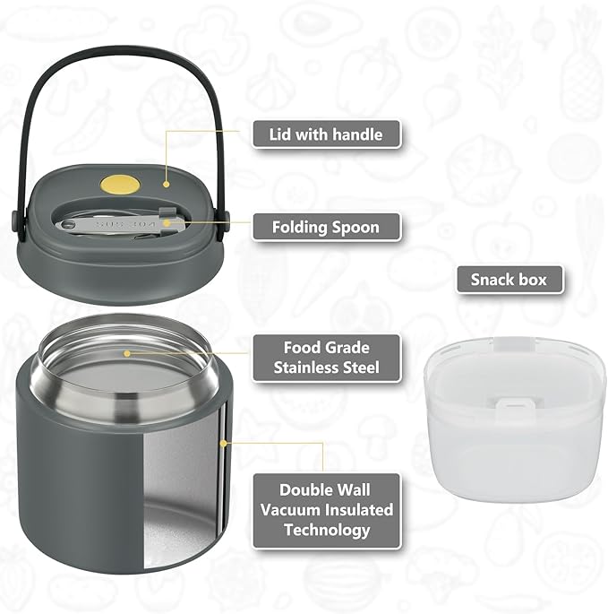 2 - in - 1 Soup Thermo for Hot Food 14oz with Snack Box Container Leak Proof Insulated Lunch Container Kids and Adults Stainless Steel Double Wall Vacuum Wide-mouth Thermal with Spoon and Handle-CubbioJoy