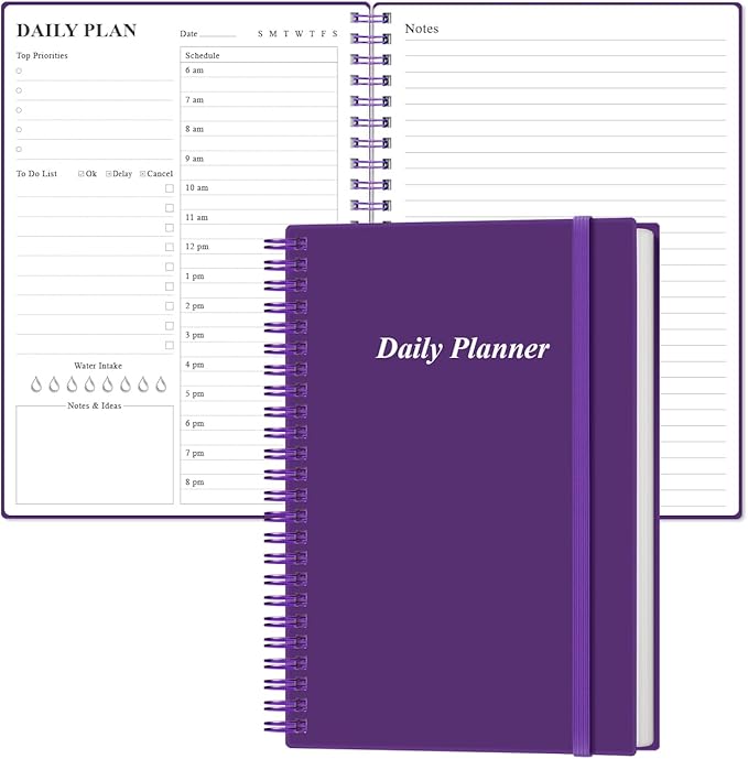 Daily Planner Undated - A5 To Do List Notebook Hourly Schedules, Spiral Appointment Planner for Women and Men, PVC Hardcover, Inner Pocket, Elastic Closure, 5.8" x 8.3", Purple-CubbioJoy