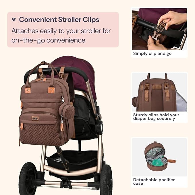 BabbleRoo Diaper Bag Backpack - Baby Essentials Travel Tote - Multi Function Waterproof Diaper Bag, Travel Essentials Baby Bag with Changing Pad, Stroller Straps & Pacifier Case - Unisex, Brown-CubbioJoy