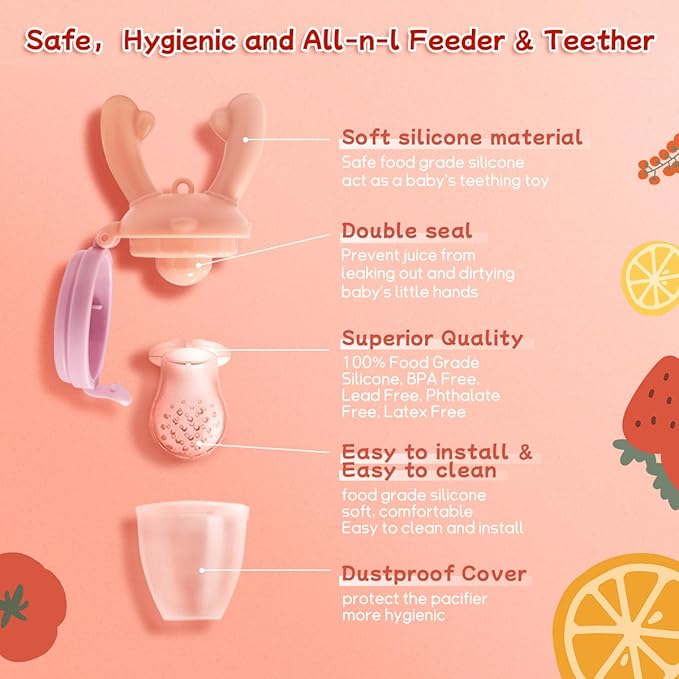 Baby Fruit Food Feeder - Silicone Nibble Tray Combo - Breastmilk Popsicle Mold for Cooling Relief, BPA Free Mesh Feeder for Infant Self Feeding (Antler Pink + Pineapple)-CubbioJoy