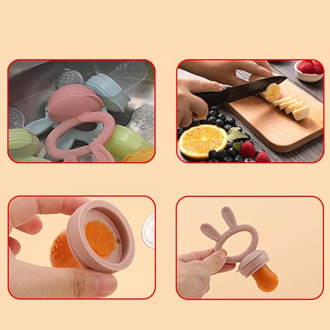 Baby Solids/Frozen Fruit Feeder Pacifier, Infant Teether Toy 4M+, BPA-Free Silicone Pouch & Nipple, Safely Introduce Solids, Teething Relief, 2-Pack (Rabbit - Pink Purple, S/M/L)-CubbioJoy