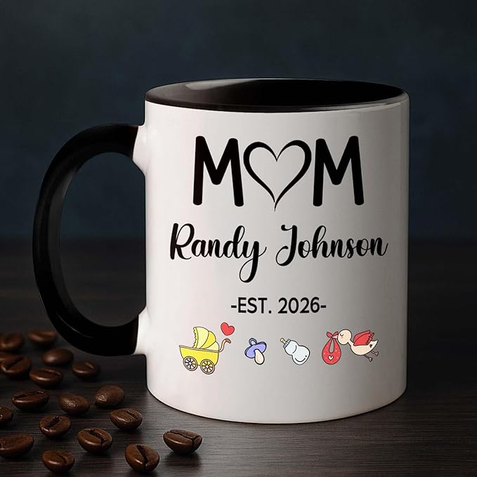 Customized Year & Name New Mom/Mother/Mama White Tea Cup 11 15Oz, Mom EST 2026 Coffee Mug, Personalized Accent Ceramic Cup Gift For First Time Mommy or Wife From Family Husband on Birthday Holiday-CubbioJoy